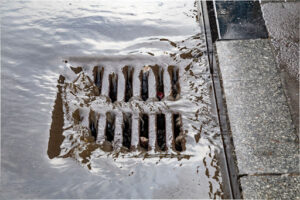 Up close photo of water flowing into storm drain with debris stuck in the grate