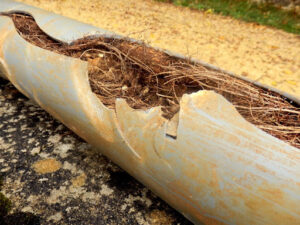 A cracked sewer line filled with tree roots.